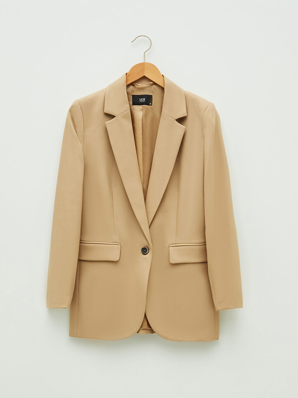 Bej Önden Düğmeli Düz Uzun Kollu Kadın Blazer Ceket-5