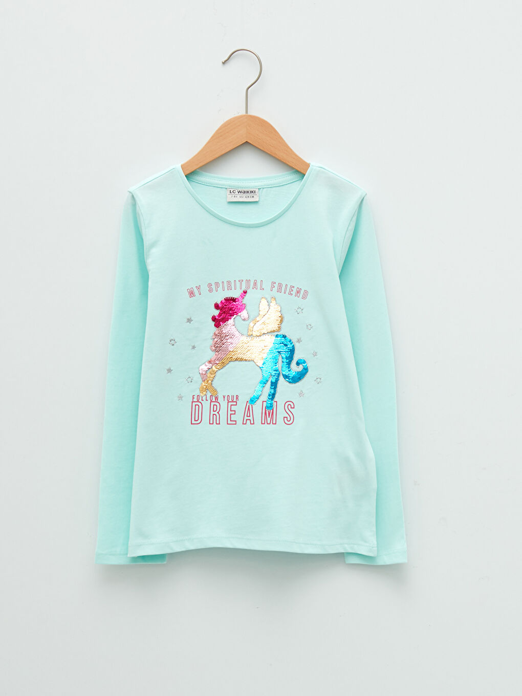 Crew Neck Printed Double Sided Sequined Long Sleeve Girls T-Shirt-1
