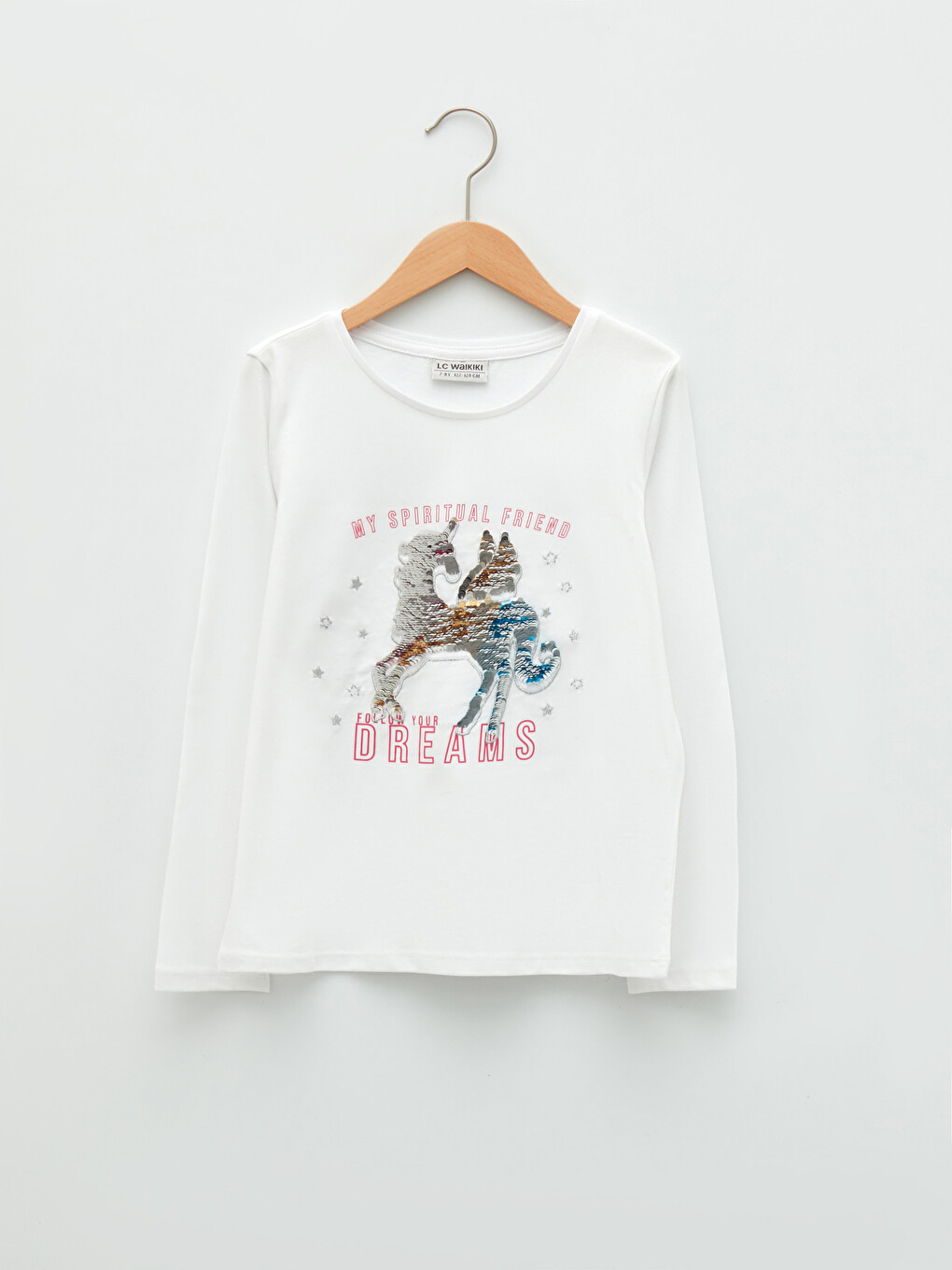 Crew Neck Printed Double Sided Sequined Long Sleeve Girls T-shirt-2