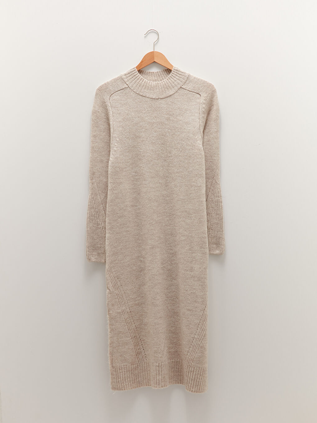 Bej Bisiklet Yaka Düz Uzun Kollu Kadın Triko Elbise-4