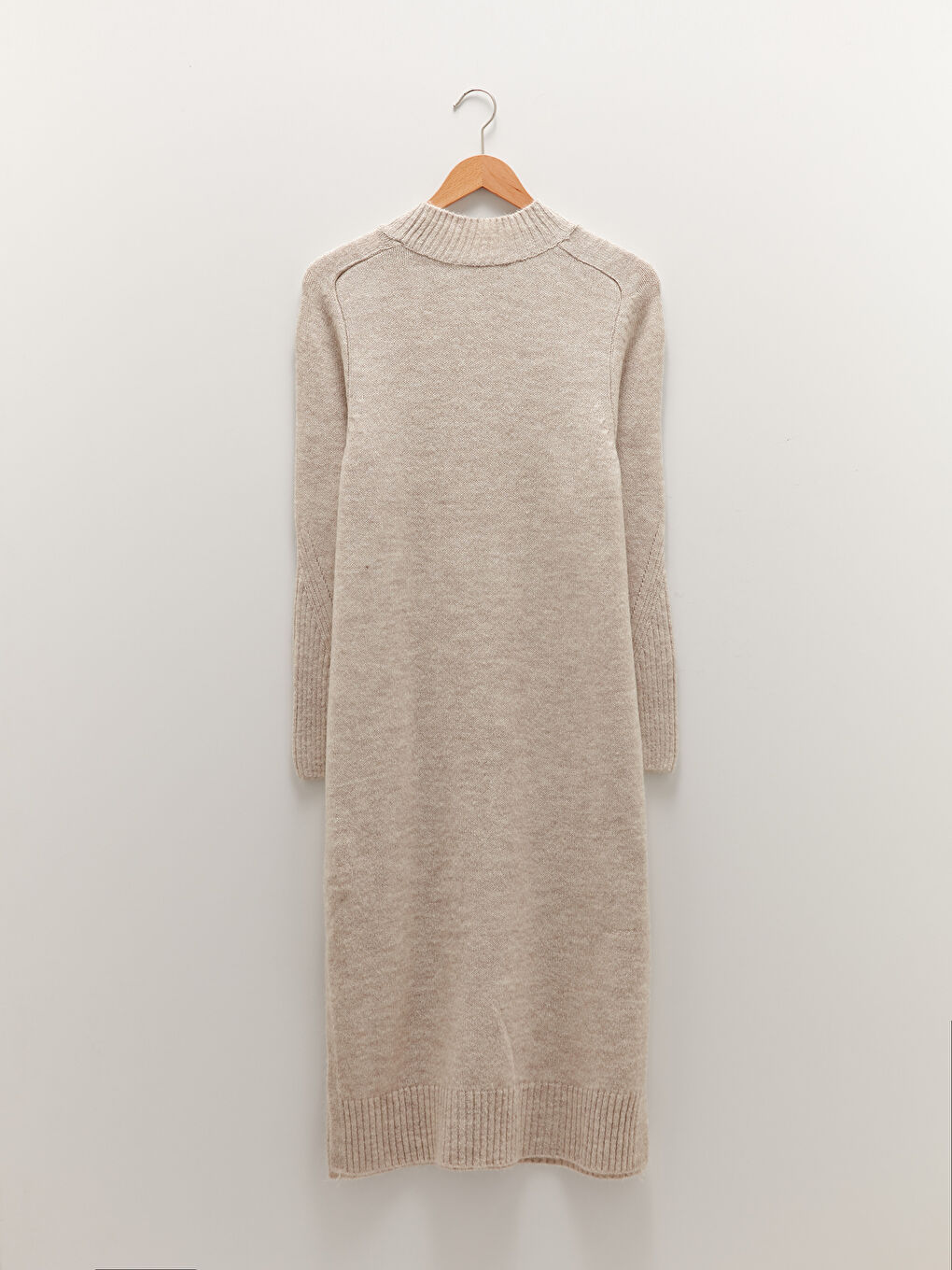 Bej Bisiklet Yaka Düz Uzun Kollu Kadın Triko Elbise-5