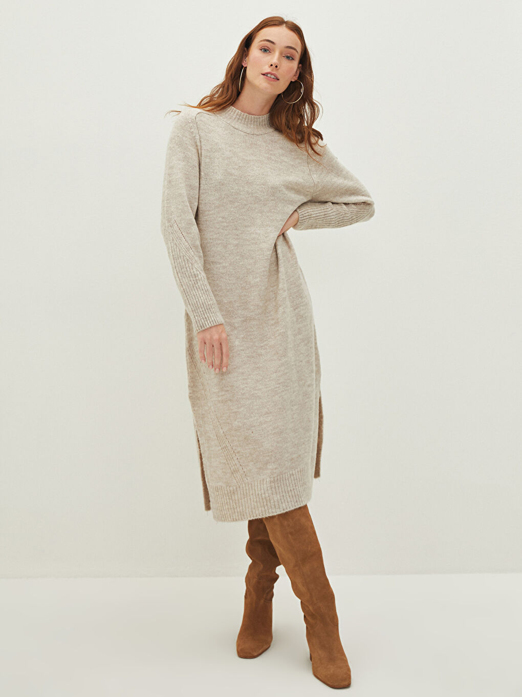 Bej Bisiklet Yaka Düz Uzun Kollu Kadın Triko Elbise-2