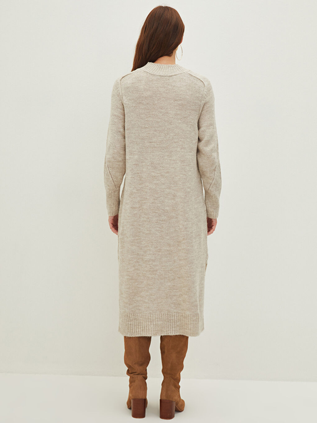 Bej Bisiklet Yaka Düz Uzun Kollu Kadın Triko Elbise-3