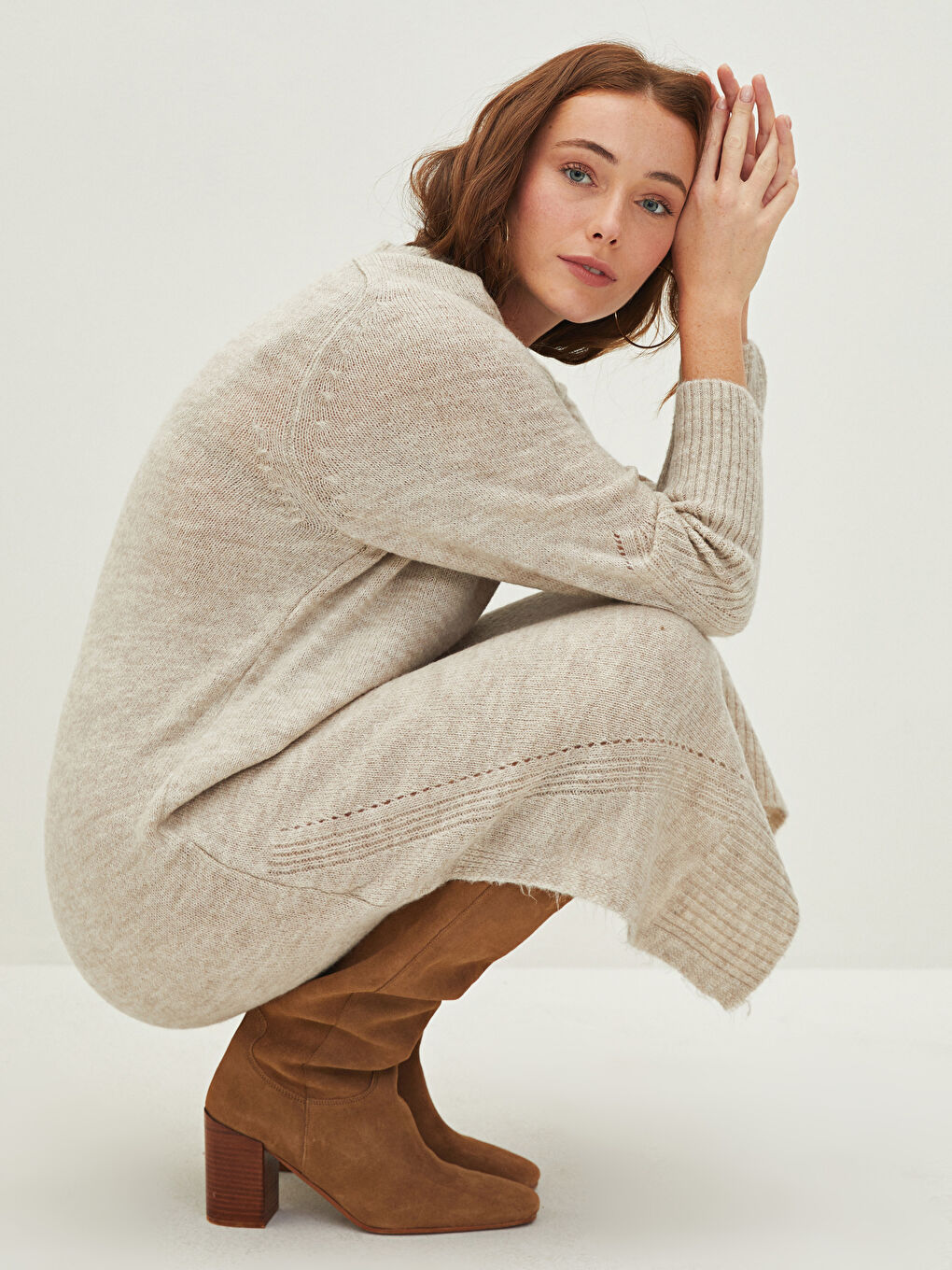 Bej Bisiklet Yaka Düz Uzun Kollu Kadın Triko Elbise