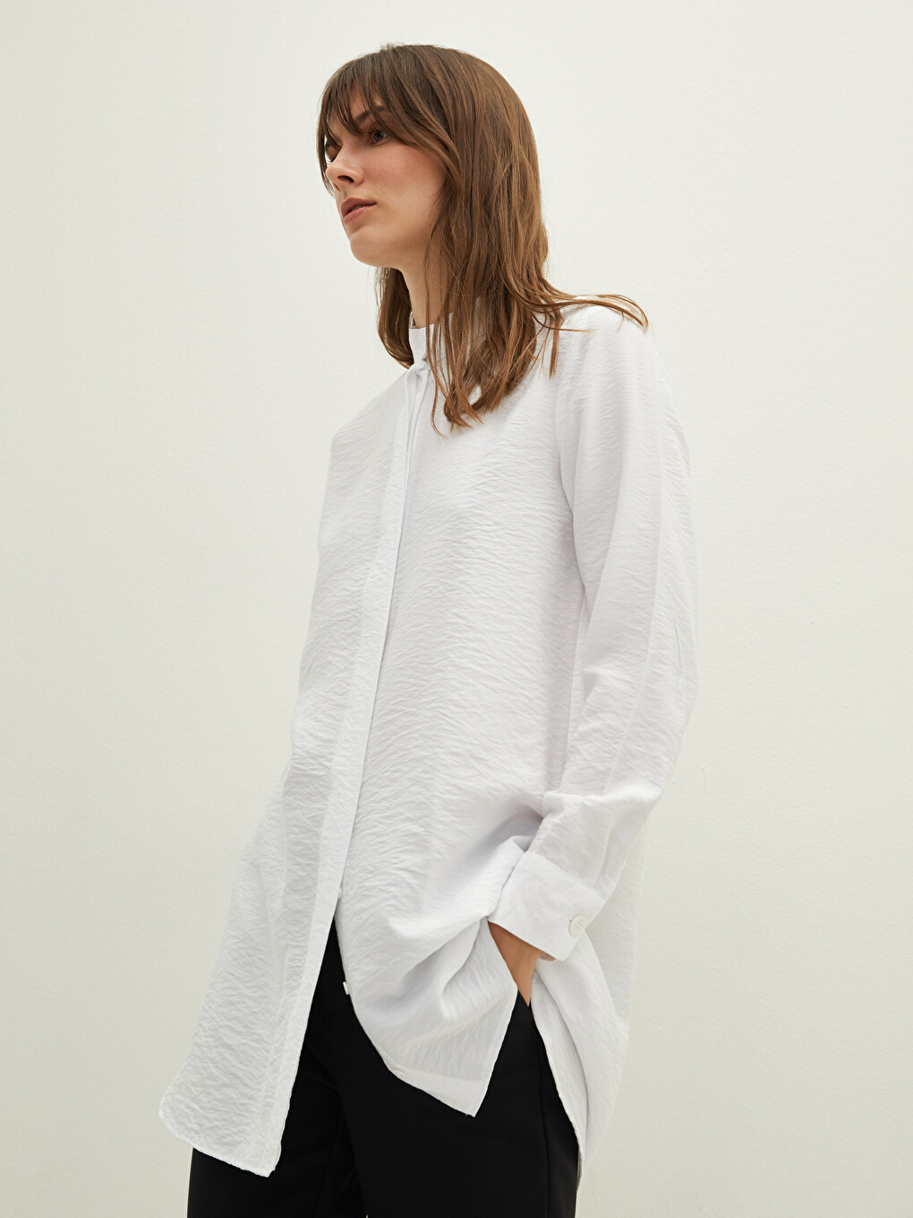 Grandad Collar Plain Long Sleeve Women's Tunic-2