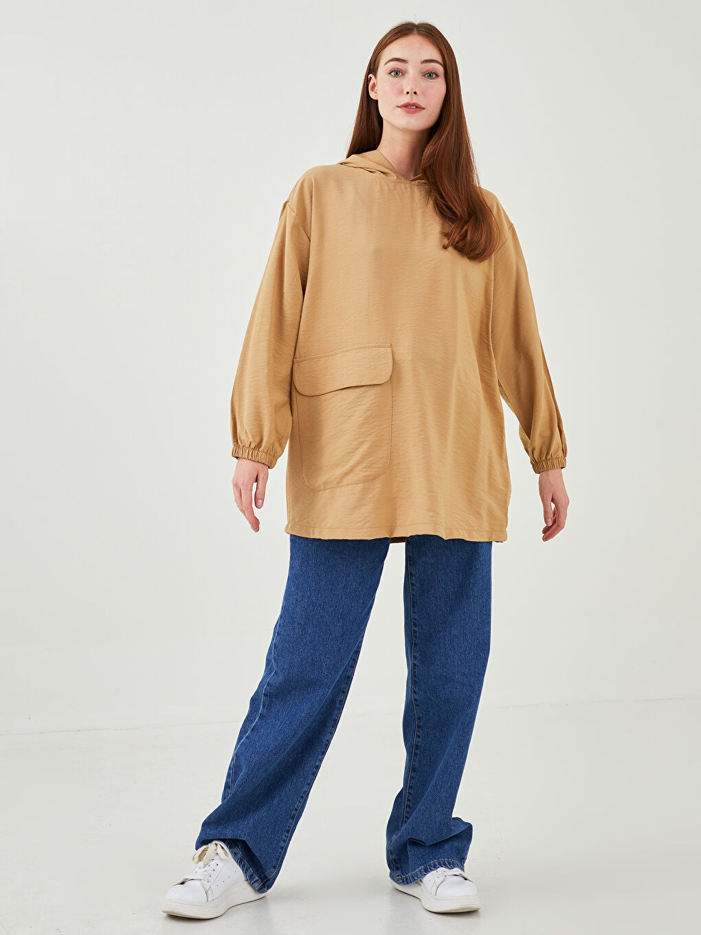 Tunique Femme à Capuche Manches Longues en Tissu Crêpe-3