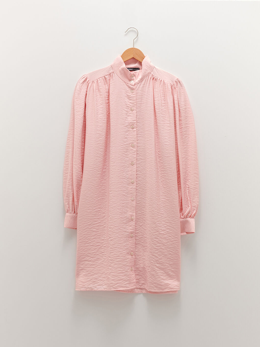 Pembe Hakim Yaka Düz Uzun Kollu Poplin Kadın Tunik-5