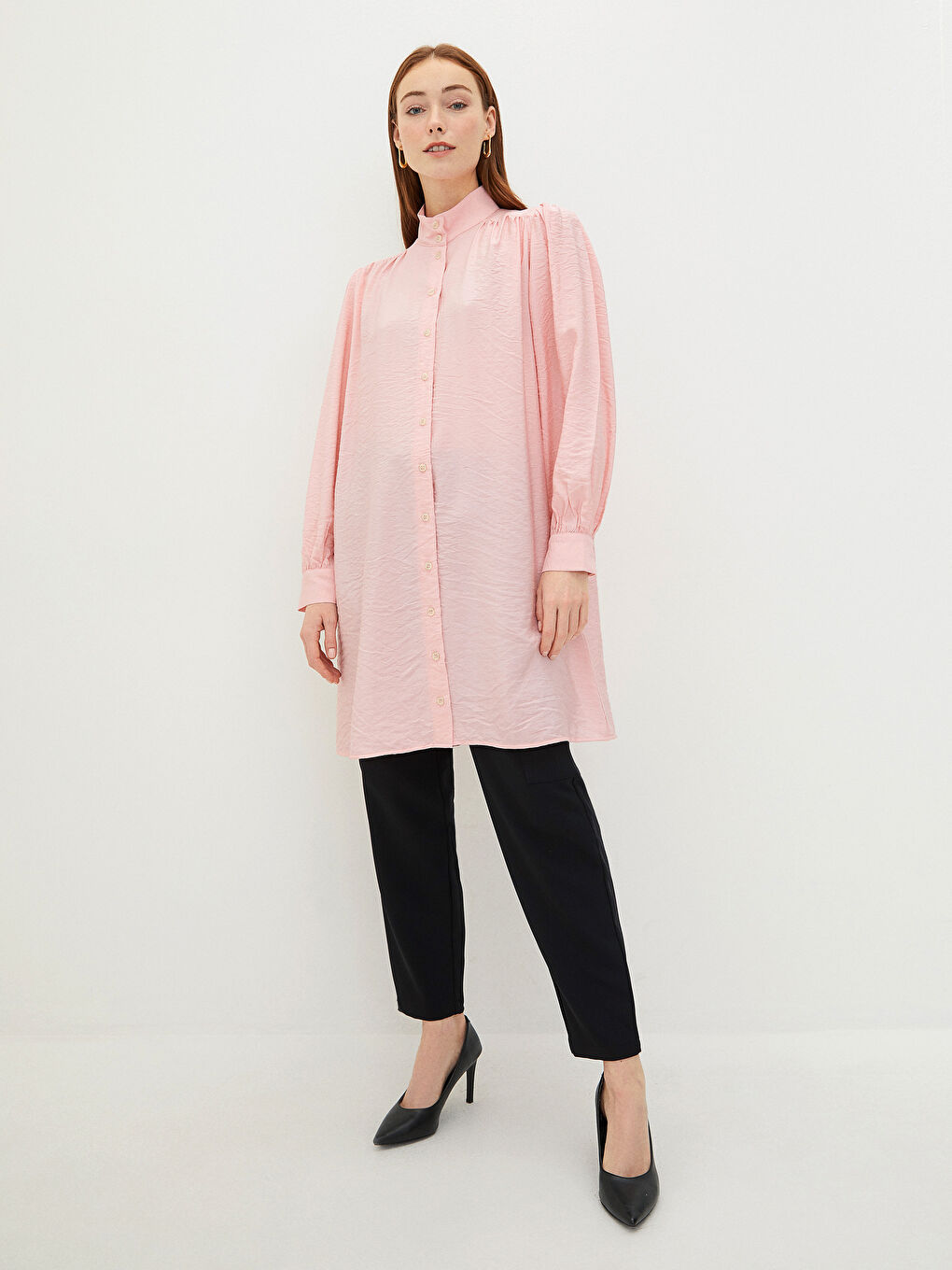 Pembe Hakim Yaka Düz Uzun Kollu Poplin Kadın Tunik-2