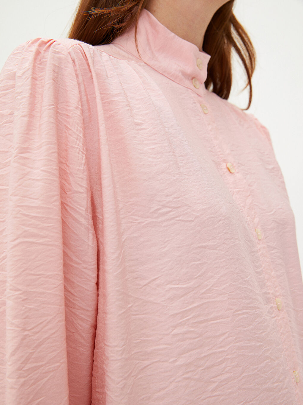 Pembe Hakim Yaka Düz Uzun Kollu Poplin Kadın Tunik-3