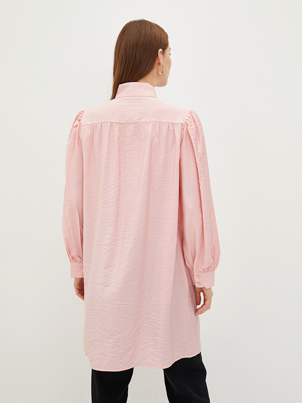 Pembe Hakim Yaka Düz Uzun Kollu Poplin Kadın Tunik-4