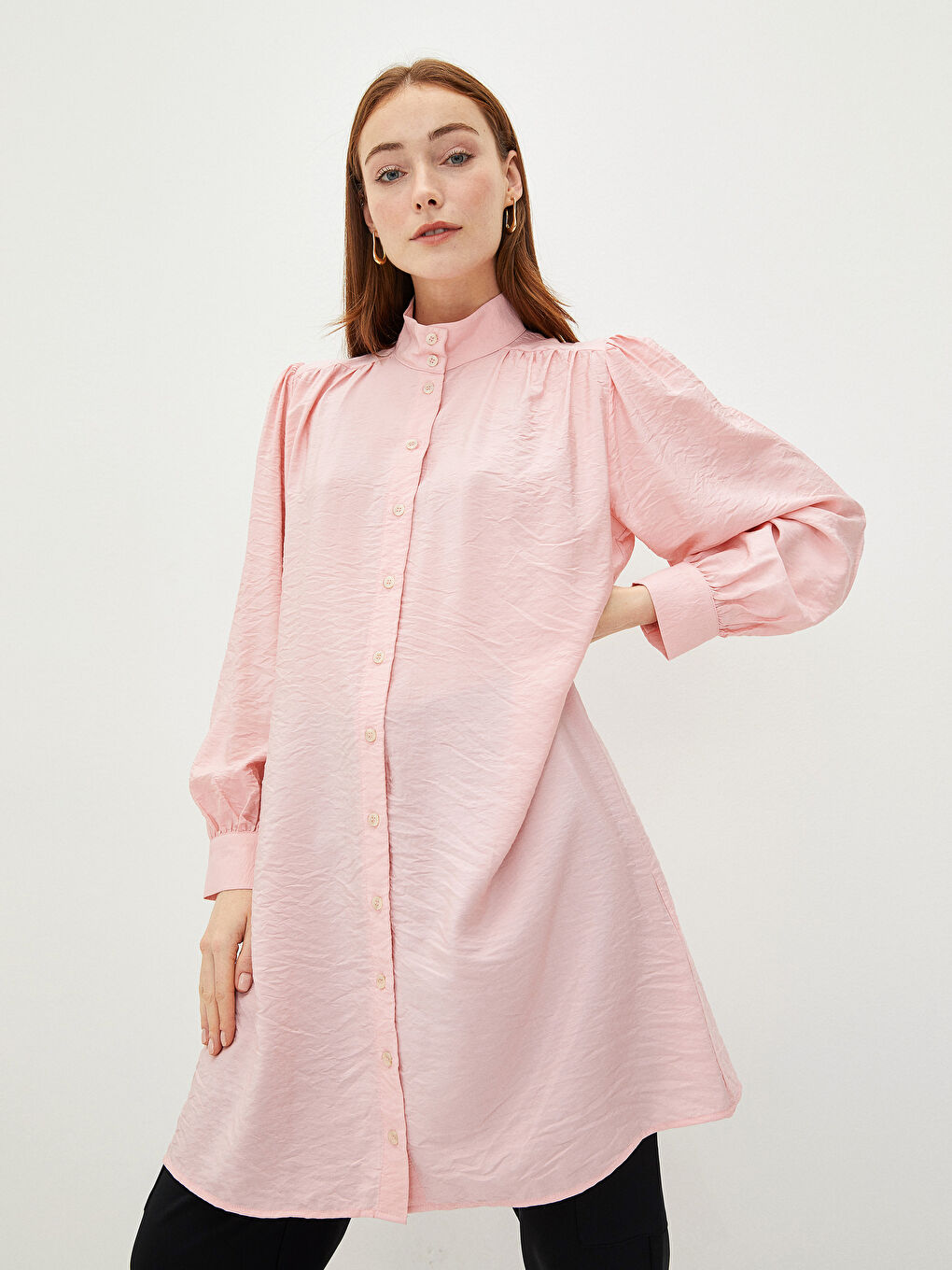 Pembe Hakim Yaka Düz Uzun Kollu Poplin Kadın Tunik-1
