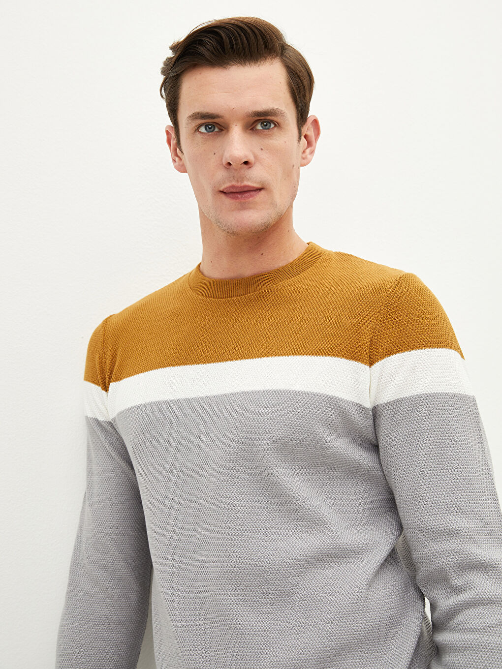 Sarı Bisiklet Yaka Uzun Kollu Renk Bloklu Erkek Triko Kazak