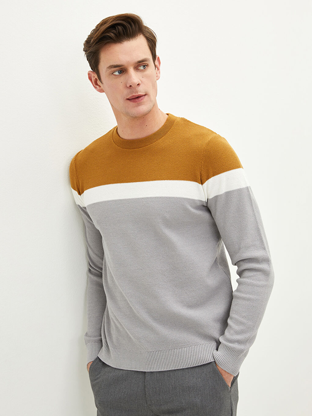 Sarı Bisiklet Yaka Uzun Kollu Renk Bloklu Erkek Triko Kazak-1