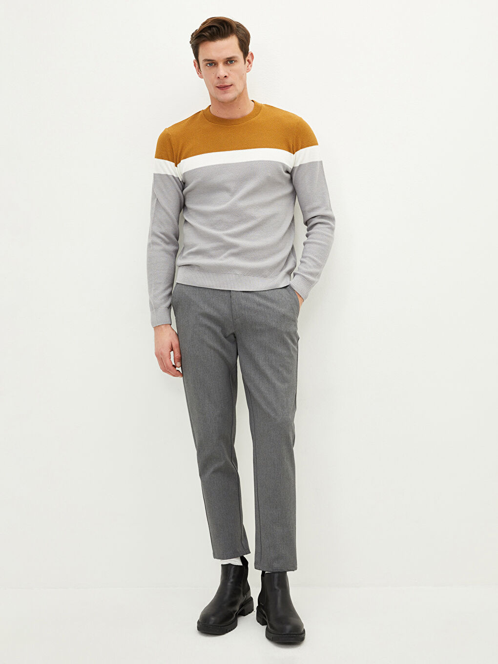 Sarı Bisiklet Yaka Uzun Kollu Renk Bloklu Erkek Triko Kazak-2