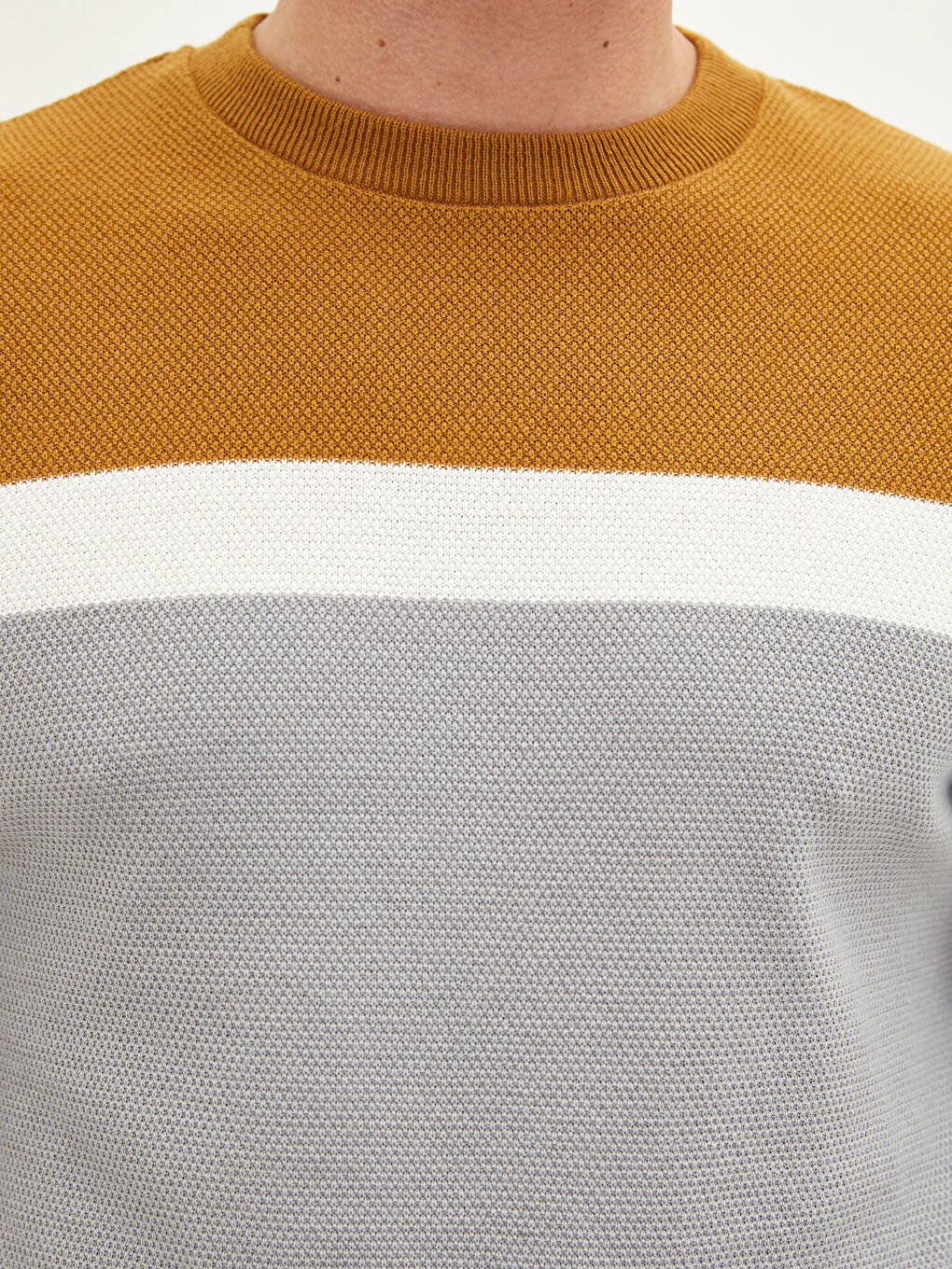 Sarı Bisiklet Yaka Uzun Kollu Renk Bloklu Erkek Triko Kazak-3