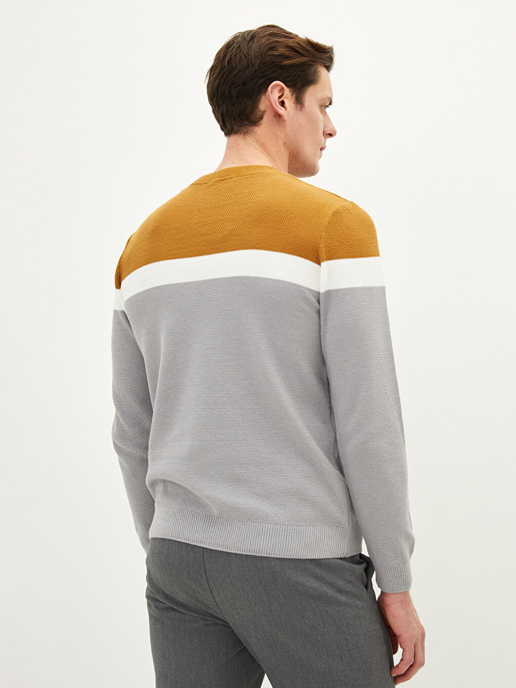 Sarı Bisiklet Yaka Uzun Kollu Renk Bloklu Erkek Triko Kazak-4