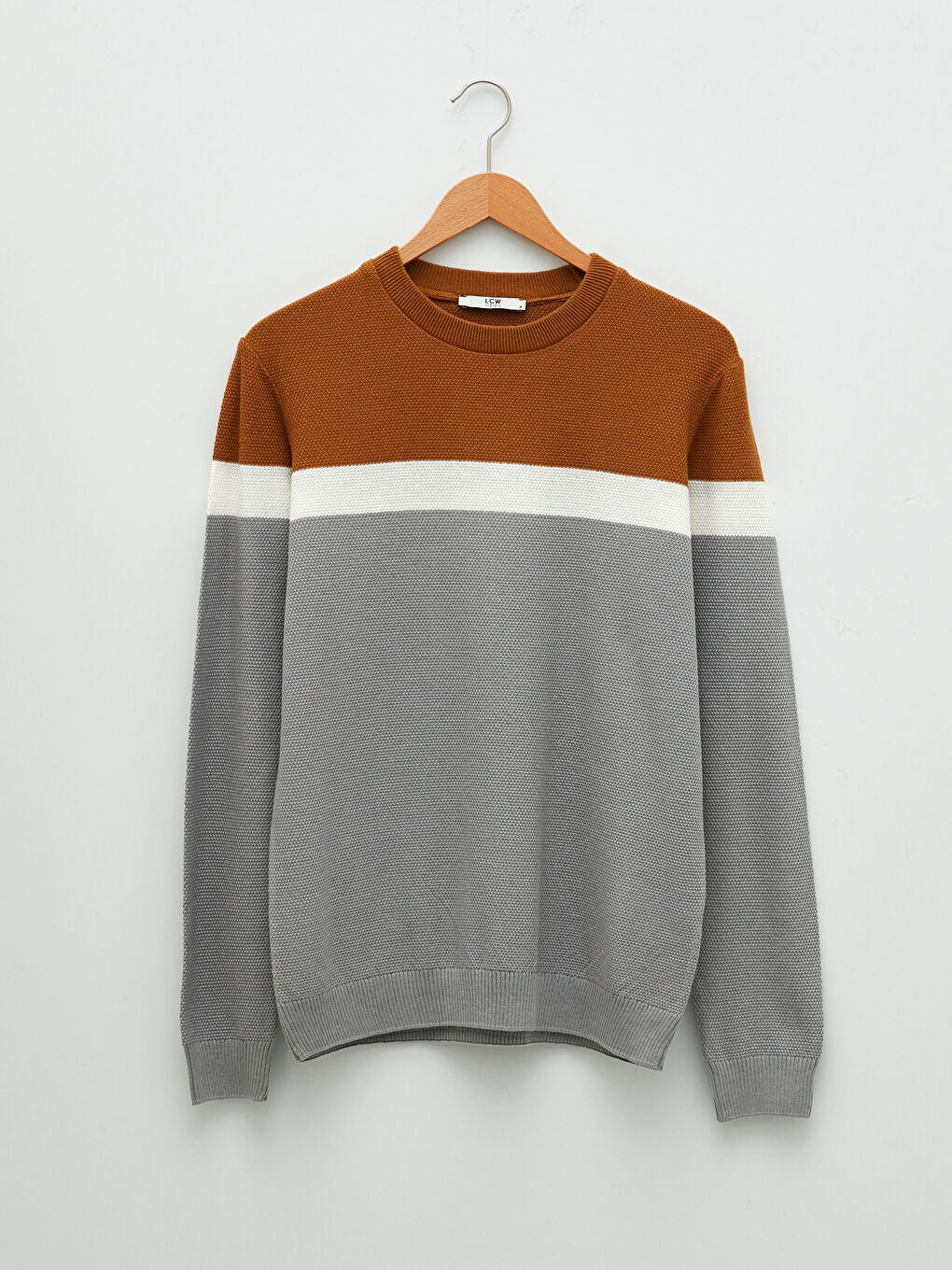 Sarı Bisiklet Yaka Uzun Kollu Renk Bloklu Erkek Triko Kazak-5