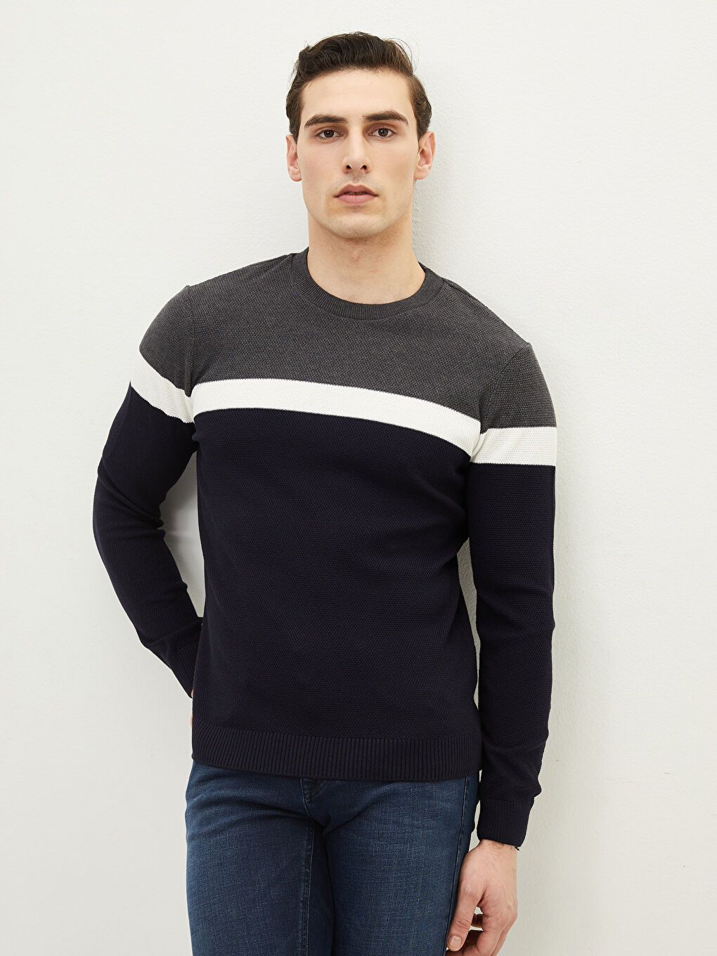 Lacivert Bisiklet Yaka Uzun Kollu Renk Bloklu Erkek Triko Kazak-1