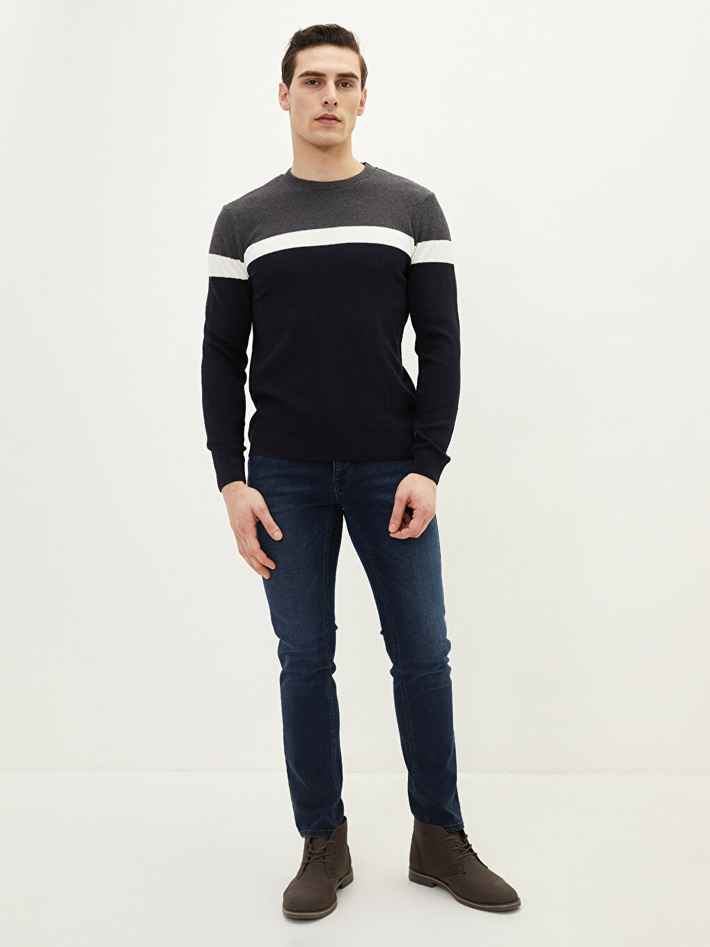 Lacivert Bisiklet Yaka Uzun Kollu Renk Bloklu Erkek Triko Kazak-2