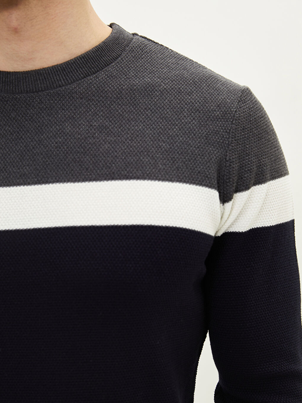 Lacivert Bisiklet Yaka Uzun Kollu Renk Bloklu Erkek Triko Kazak-3