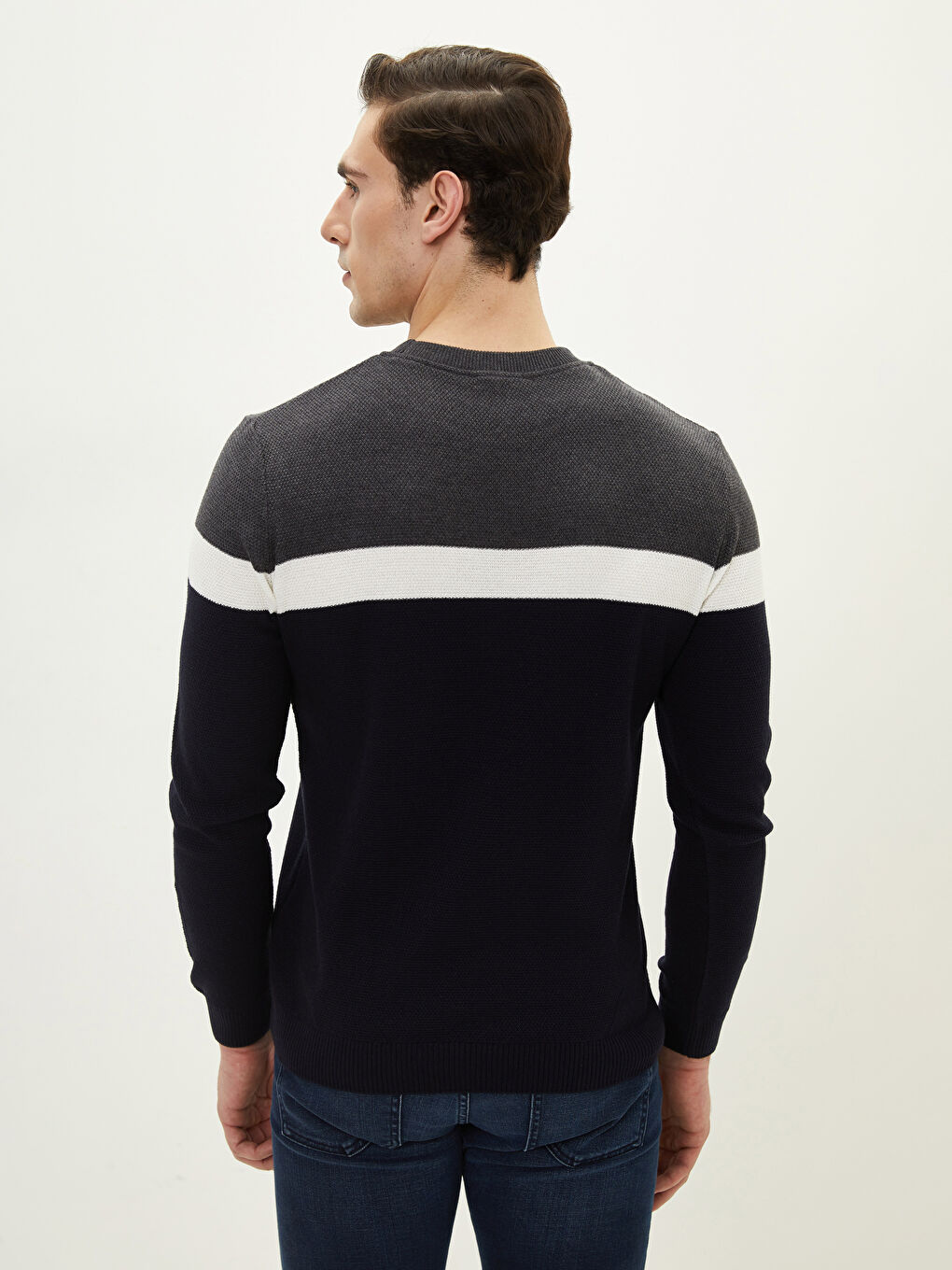 Lacivert Bisiklet Yaka Uzun Kollu Renk Bloklu Erkek Triko Kazak-4