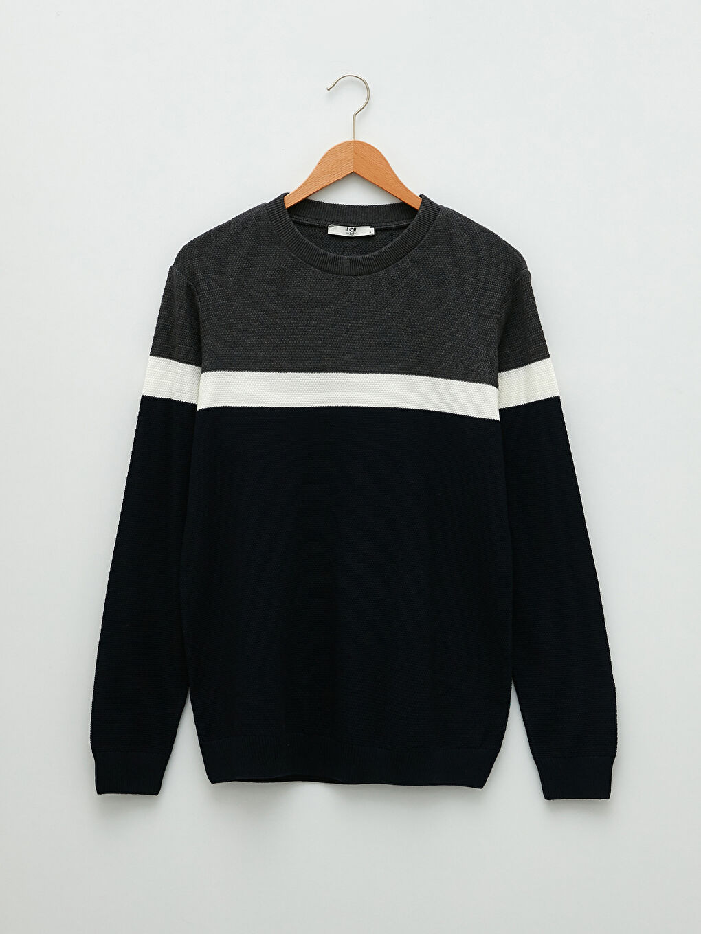 Lacivert Bisiklet Yaka Uzun Kollu Renk Bloklu Erkek Triko Kazak-5