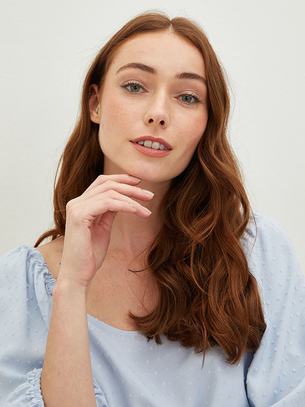 Mavi Kare Yaka Desenli Poplin Kadın Bluz-1