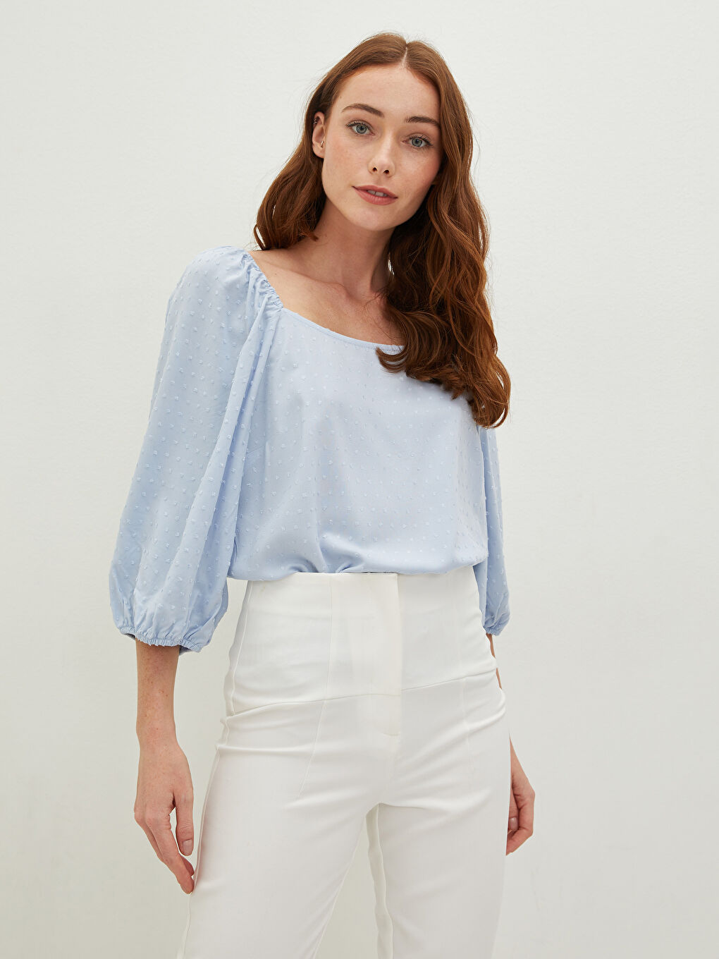 Mavi Kare Yaka Desenli Poplin Kadın Bluz-2