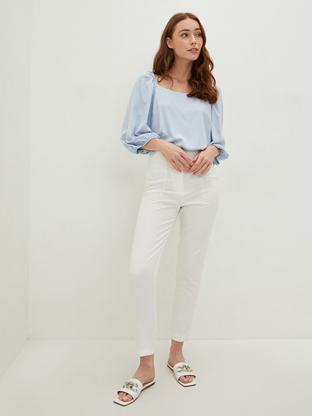 Mavi Kare Yaka Desenli Poplin Kadın Bluz-3