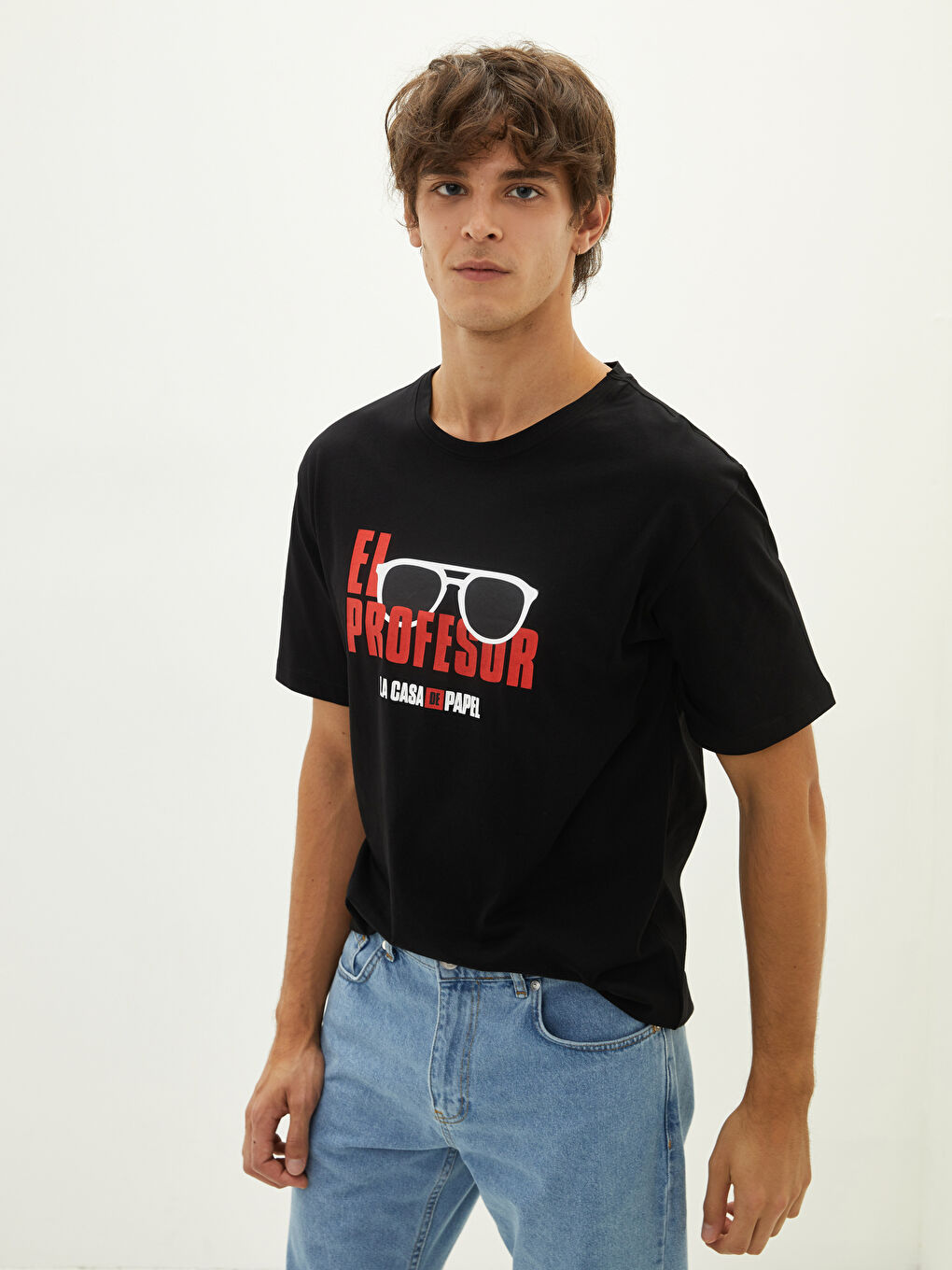 Siyah Bisiklet Yaka Kısa Kollu La Casa De Papel Baskılı Penye Erkek Tişört-1