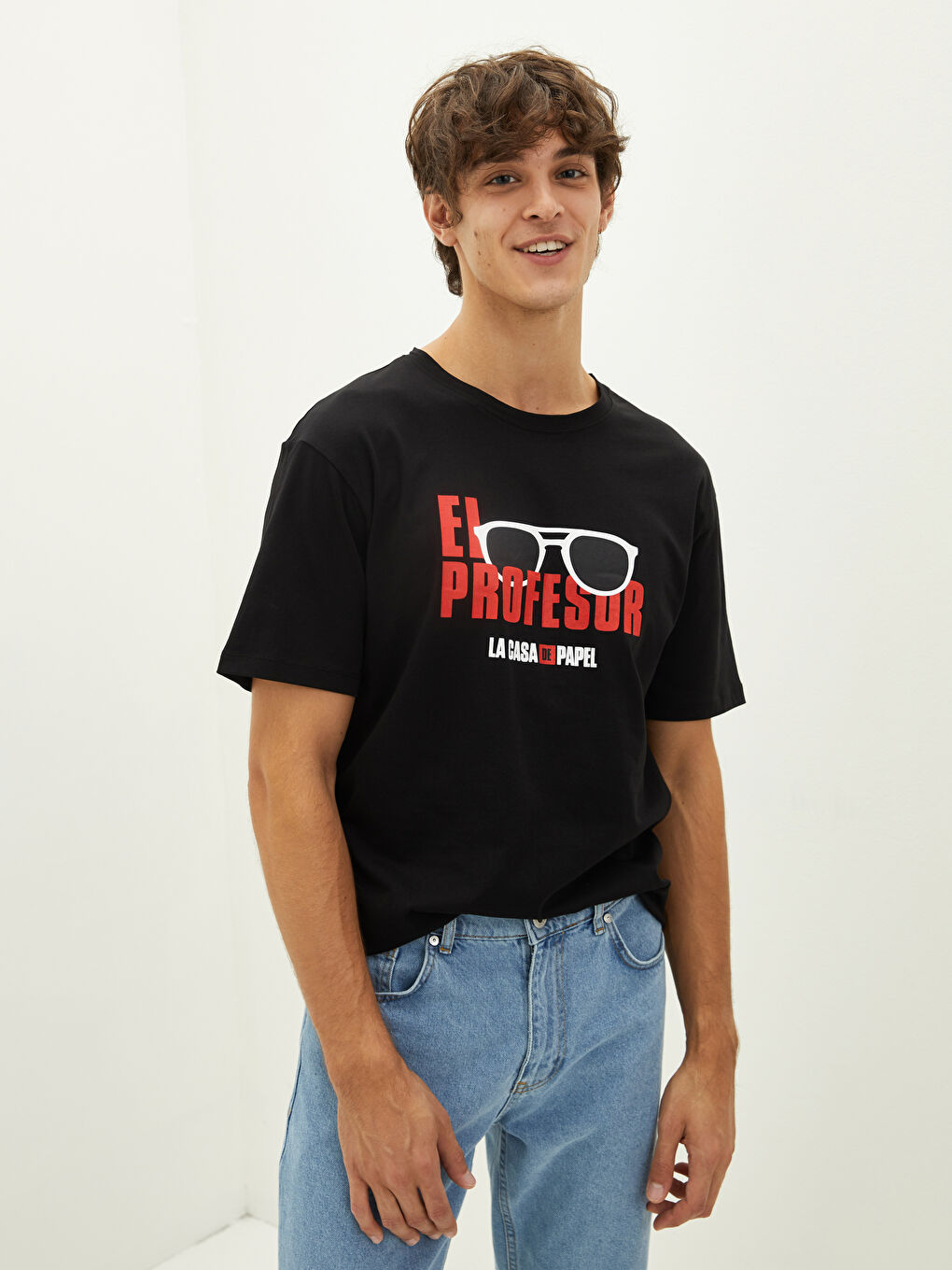 Siyah Bisiklet Yaka Kısa Kollu La Casa De Papel Baskılı Penye Erkek Tişört-2
