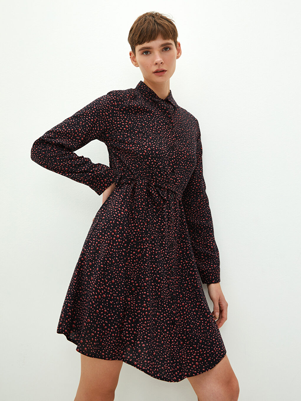 LC Waikiki LCW Vision Shirt Collar Long Sleeve Patterned Viscose Women's Dress -W1FB03Z8-LQJ