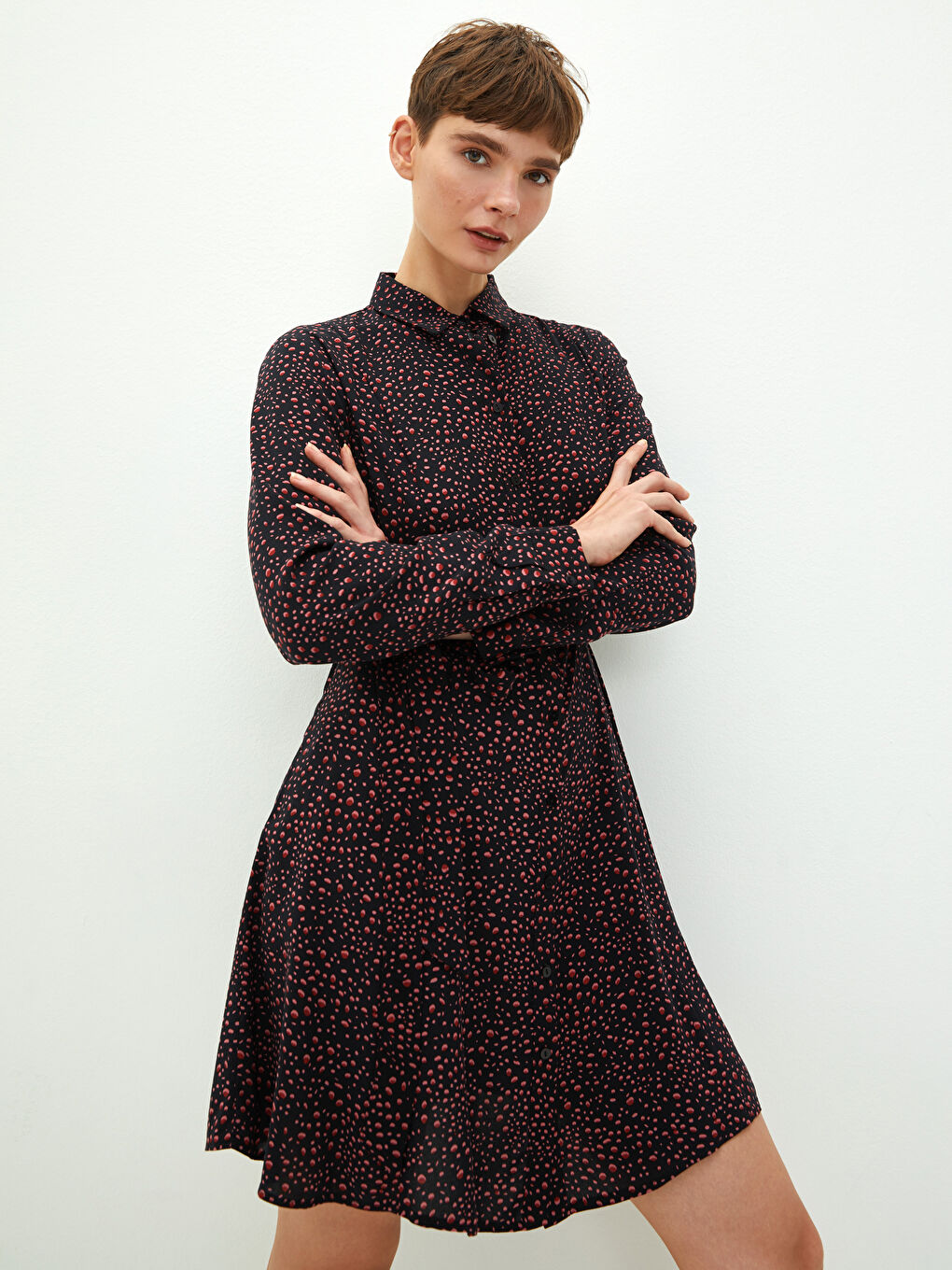 LC Waikiki LCW Vision Shirt Collar Long Sleeve Patterned Viscose Women's Dress -W1FB03Z8-LQJ