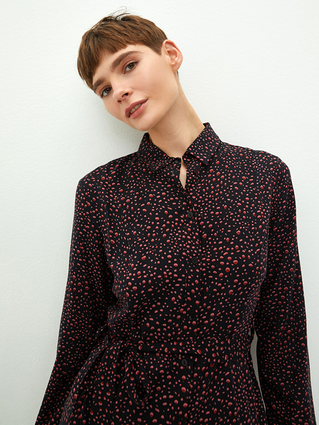 LC Waikiki LCW Vision Shirt Collar Long Sleeve Patterned Viscose Women's Dress -W1FB03Z8-LQJ