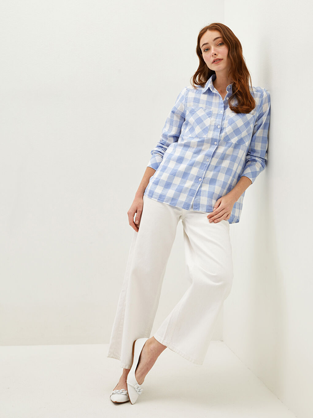 LCWAIKIKI Classic Button-Down Plaid Long Sleeve Poplin Women's Shirt -W1FB14Z8-LLC