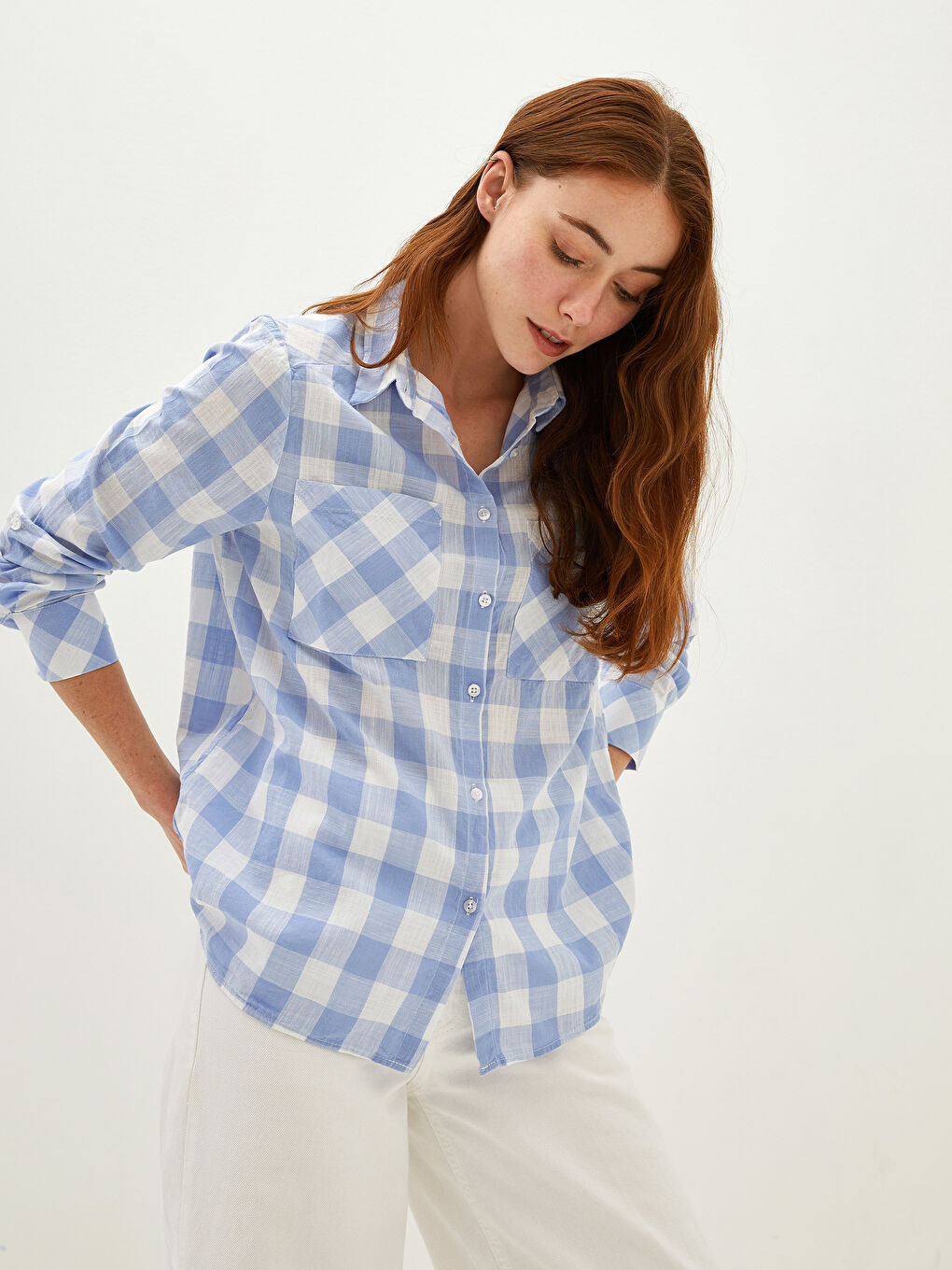 LCWAIKIKI Classic Button-Down Plaid Long Sleeve Poplin Women's Shirt -W1FB14Z8-LLC