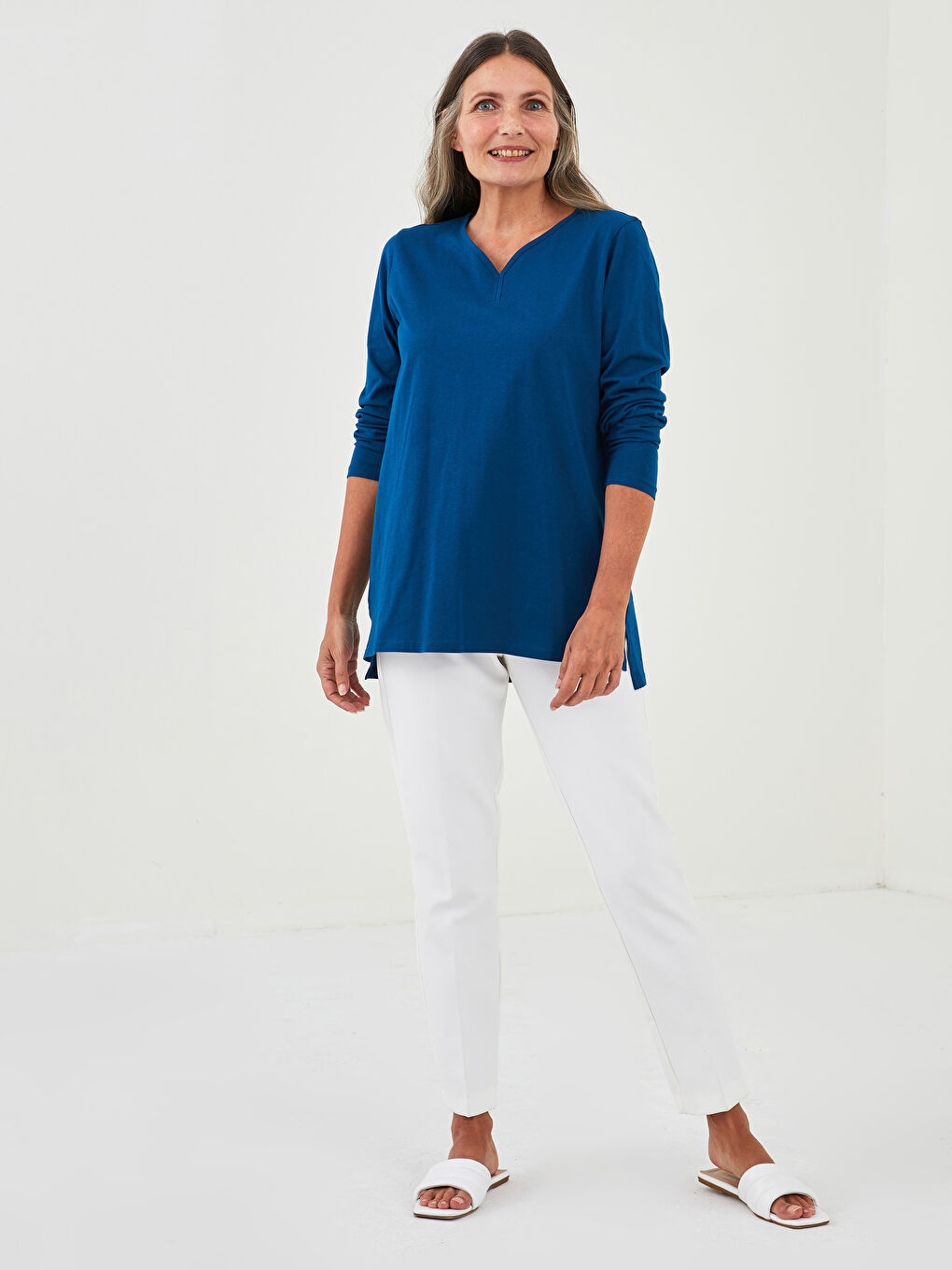 LCW Grace V Neck Straight Long Sleeve Cotton Women's T-Shirt -W1FB49Z8-HQQ