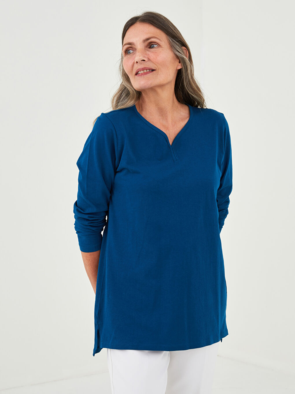 LCW Grace V Neck Straight Long Sleeve Cotton Women's T-Shirt -W1FB49Z8-HQQ