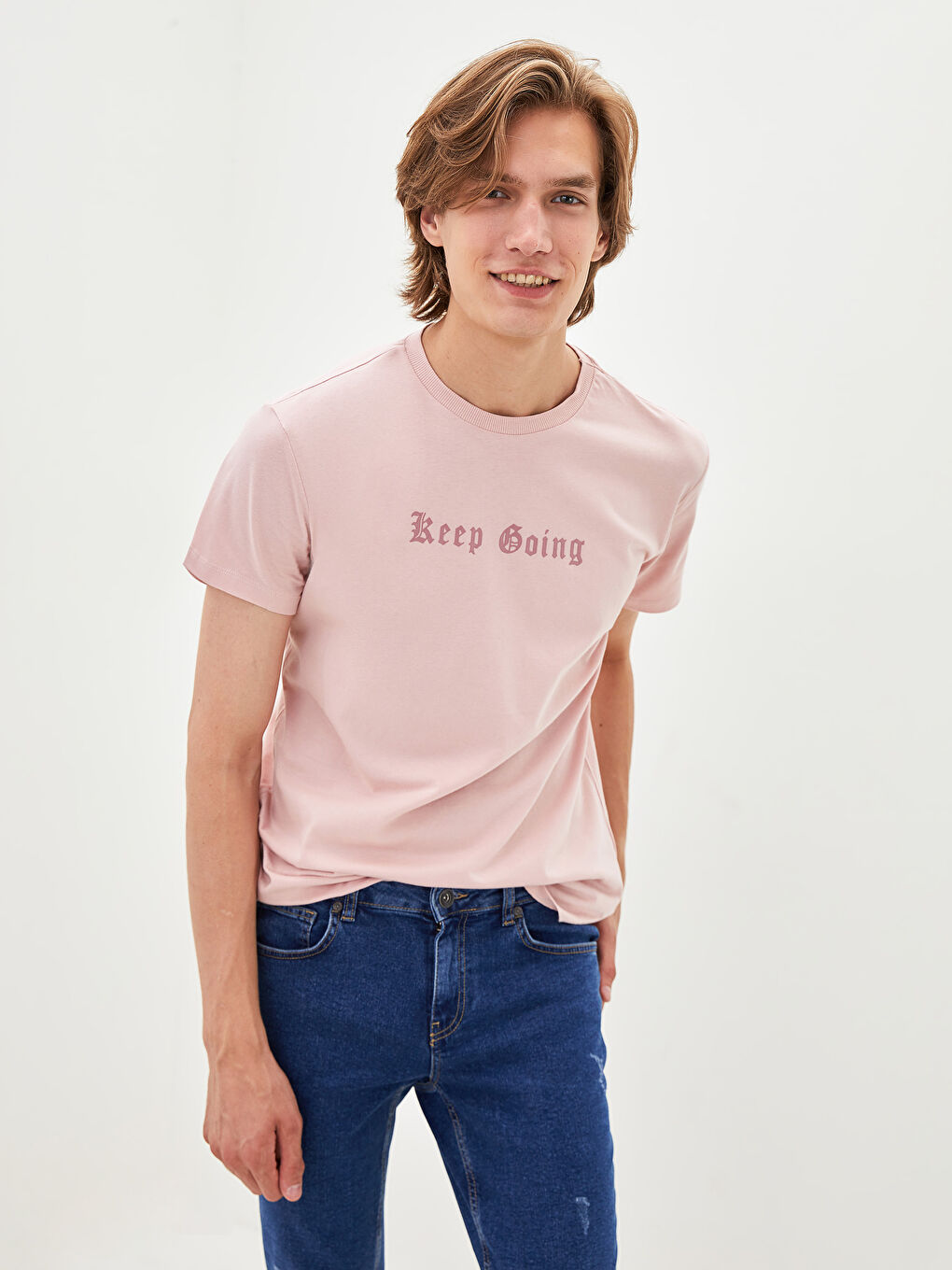 Pembe Bisiklet Yaka Kısa Kollu Baskılı Penye Erkek Tişört-1