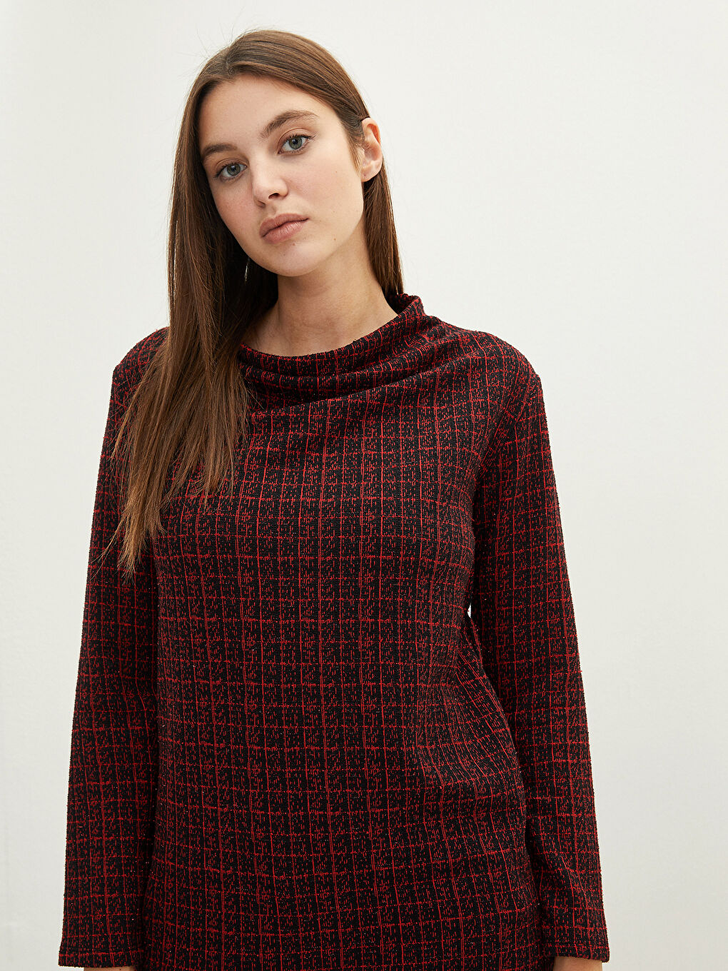 Kırmızı Degaje Yaka Ekose Uzun Kolu Kadın Tunik-2