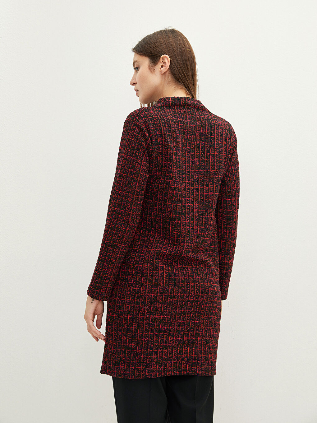 Kırmızı Degaje Yaka Ekose Uzun Kolu Kadın Tunik-5