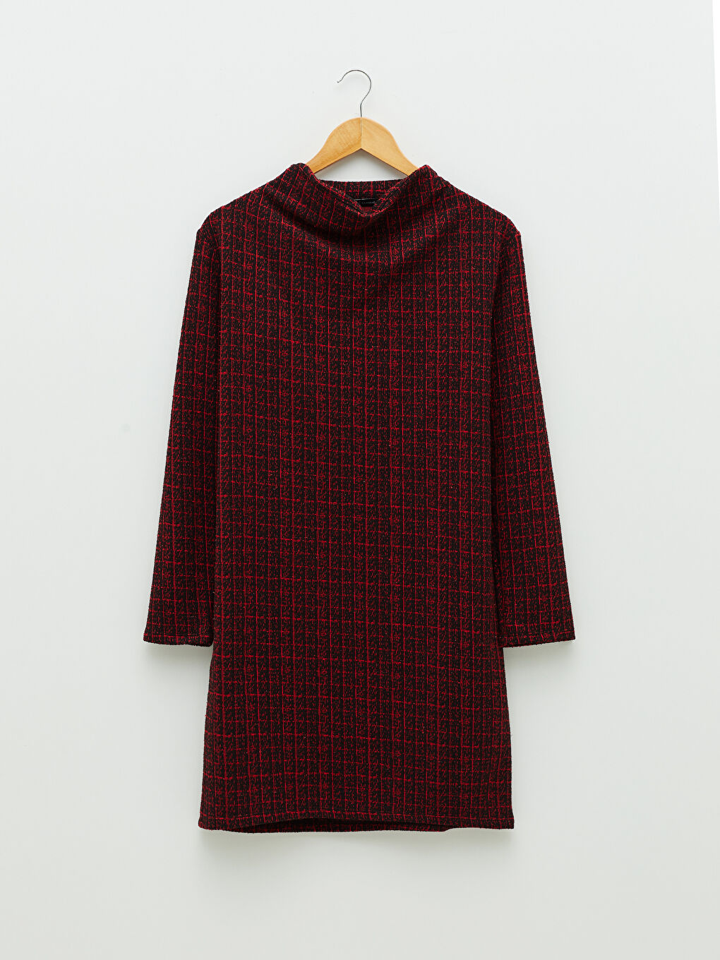 Kırmızı Degaje Yaka Ekose Uzun Kolu Kadın Tunik-6