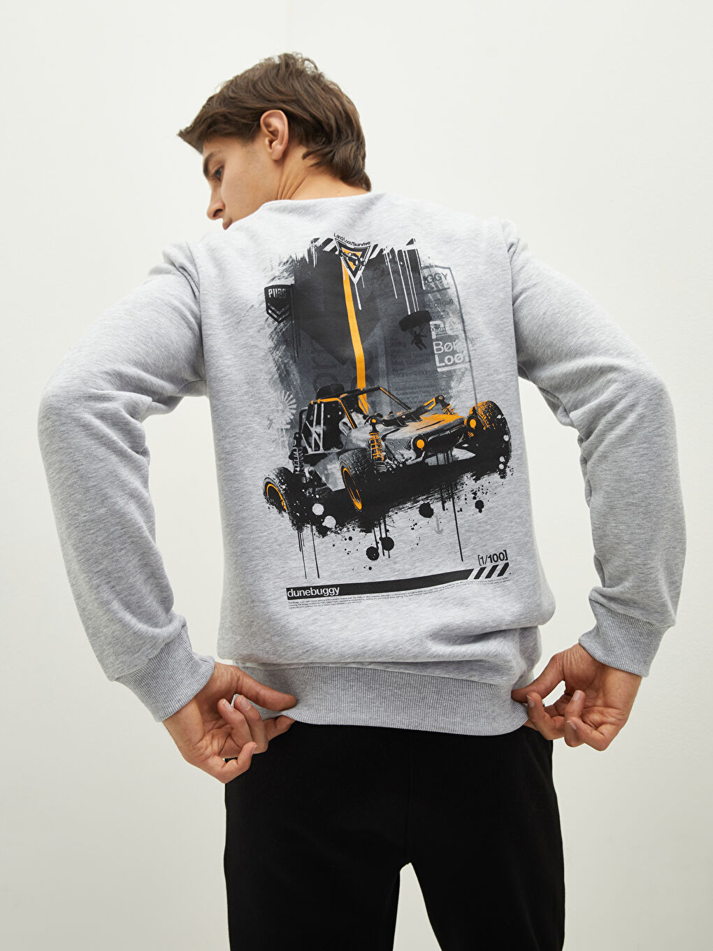 Gri Bisiklet Yaka Baskılı Erkek Kalın Sweatshirt