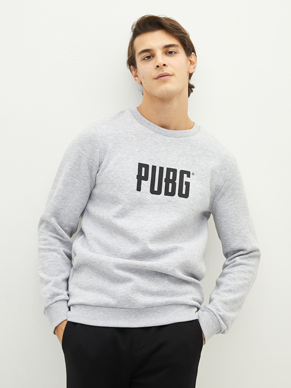 Gri Bisiklet Yaka Baskılı Erkek Kalın Sweatshirt-1