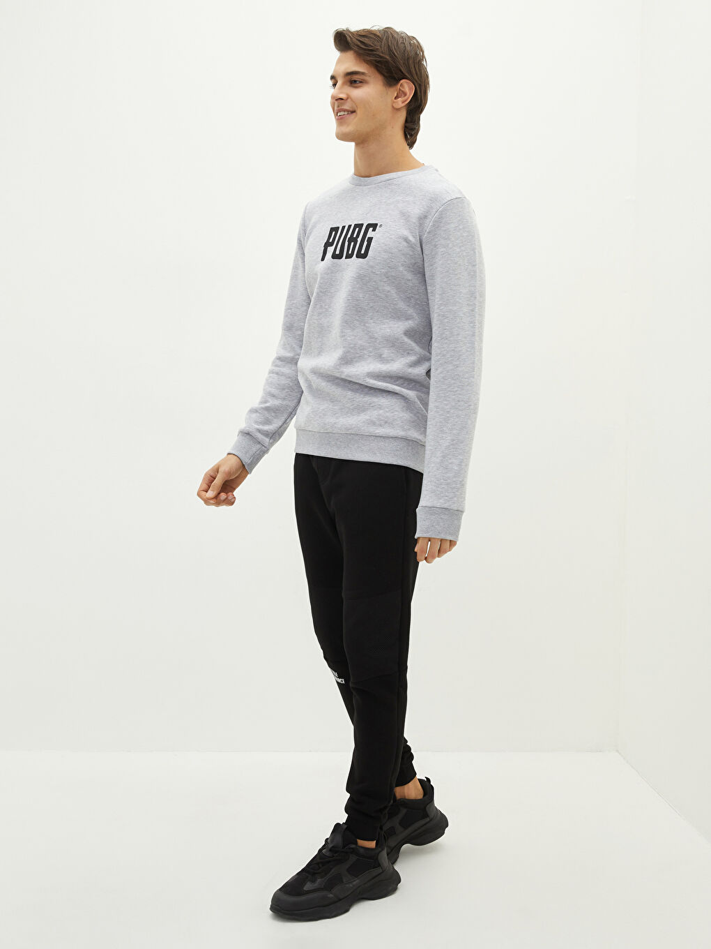 Gri Bisiklet Yaka Baskılı Erkek Kalın Sweatshirt-2