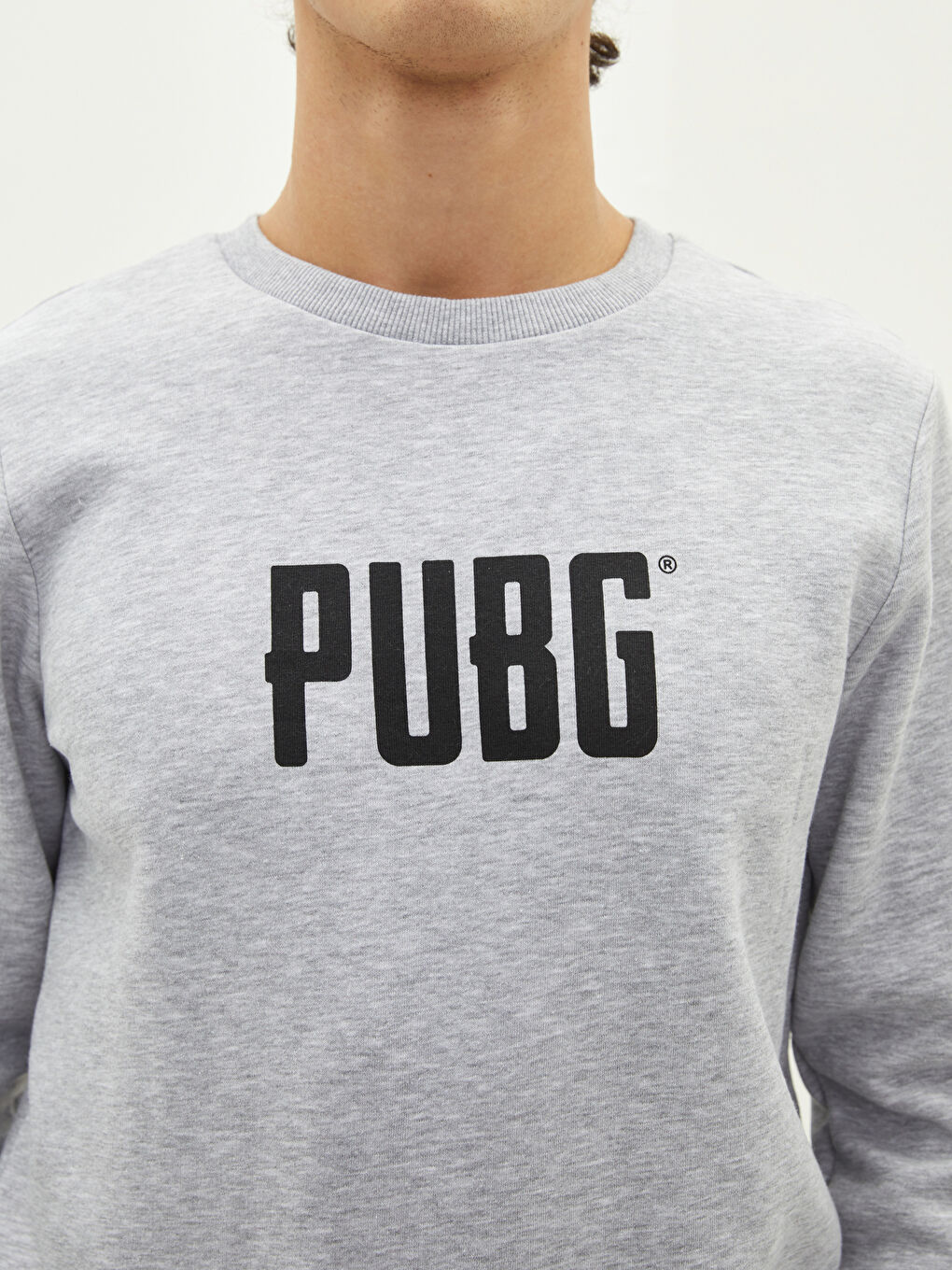 Gri Bisiklet Yaka Baskılı Erkek Kalın Sweatshirt-3