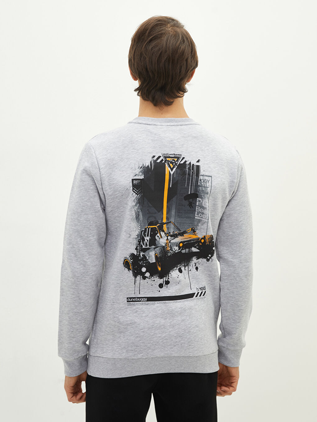 Gri Bisiklet Yaka Baskılı Erkek Kalın Sweatshirt-4