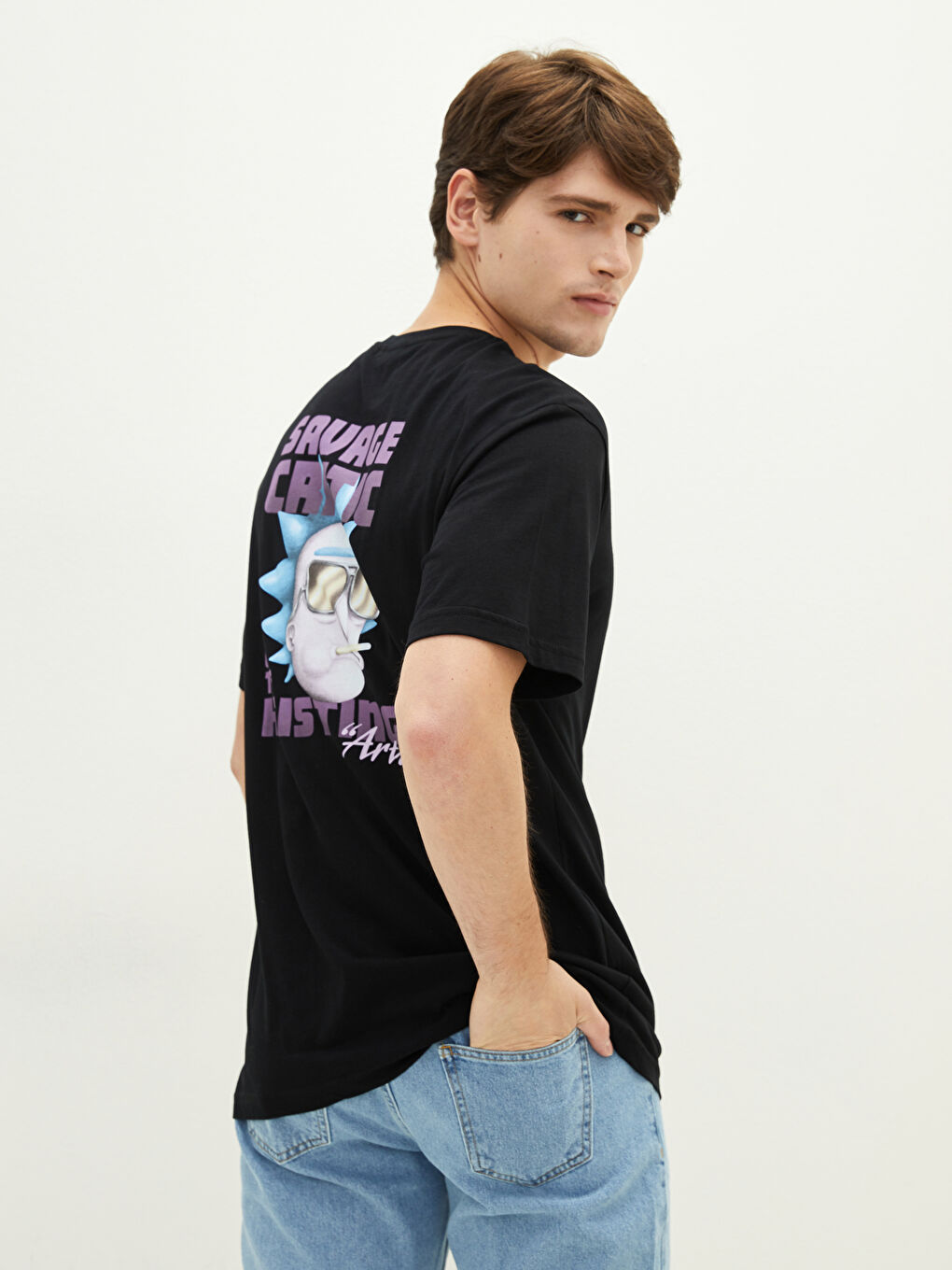 Siyah Bisiklet Yaka Kısa Kollu Rick and Morty Baskılı Penye Erkek Tişört-3