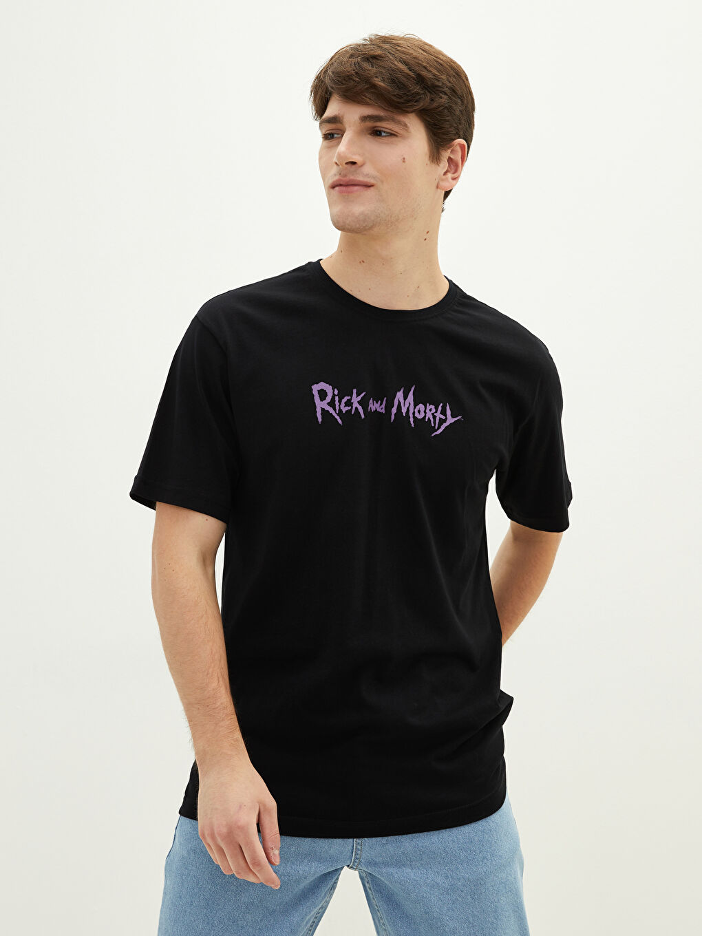 Siyah Bisiklet Yaka Kısa Kollu Rick and Morty Baskılı Penye Erkek Tişört-4