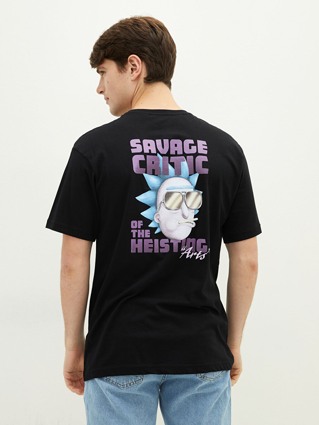 Siyah Bisiklet Yaka Kısa Kollu Rick and Morty Baskılı Penye Erkek Tişört-6